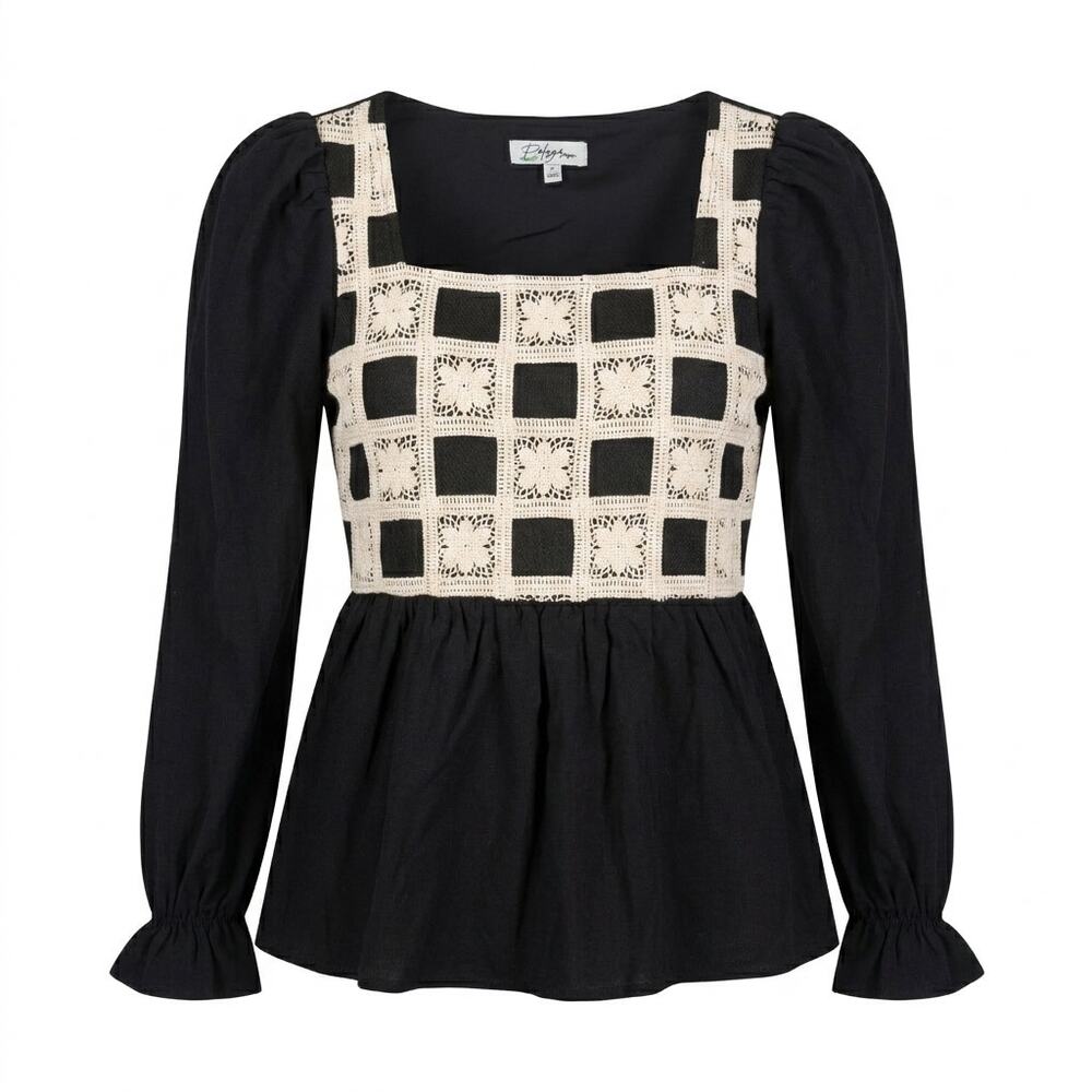 Polagram Black Crochet Lace Peplum Top Puff Sleeve Square Neck Small